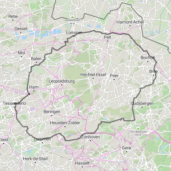 Map miniature of "Tessenderlo to Neerpelt Road Cycling Route" cycling inspiration in Prov. Limburg (BE), Belgium. Generated by Tarmacs.app cycling route planner