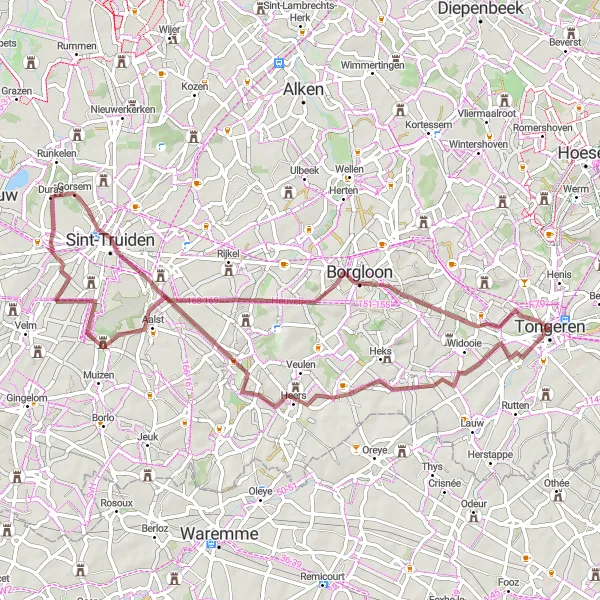 Map miniature of "Gravel Route to Tongeren's Cultural Gems" cycling inspiration in Prov. Limburg (BE), Belgium. Generated by Tarmacs.app cycling route planner