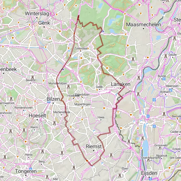 Miniature de la carte de l'inspiration cycliste "Parcours gravel à travers la campagne de Val-Meer" dans la Prov. Limburg (BE), Belgium. Générée par le planificateur d'itinéraire cycliste Tarmacs.app