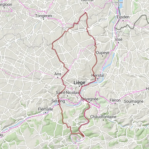 Map miniature of "Val-Meer Gravel Loop" cycling inspiration in Prov. Limburg (BE), Belgium. Generated by Tarmacs.app cycling route planner