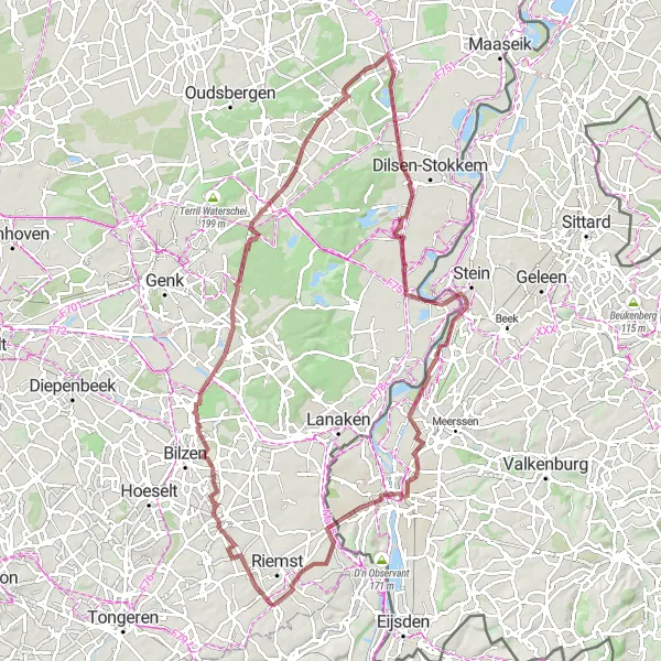 Miniatuurkaart van de fietsinspiratie "91 km lange grindfietsroute van Val-Meer" in Prov. Limburg (BE), Belgium. Gemaakt door de Tarmacs.app fietsrouteplanner