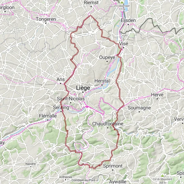 Miniature de la carte de l'inspiration cycliste "Aventure épique de 95 km à travers la campagne belge" dans la Prov. Limburg (BE), Belgium. Générée par le planificateur d'itinéraire cycliste Tarmacs.app