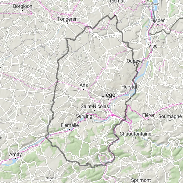 Map miniature of "Val-Meer Road Loop" cycling inspiration in Prov. Limburg (BE), Belgium. Generated by Tarmacs.app cycling route planner