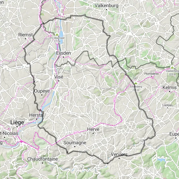 Karten-Miniaturansicht der Radinspiration "Die hügelige Fahrt durch Limburg" in Prov. Limburg (BE), Belgium. Erstellt vom Tarmacs.app-Routenplaner für Radtouren
