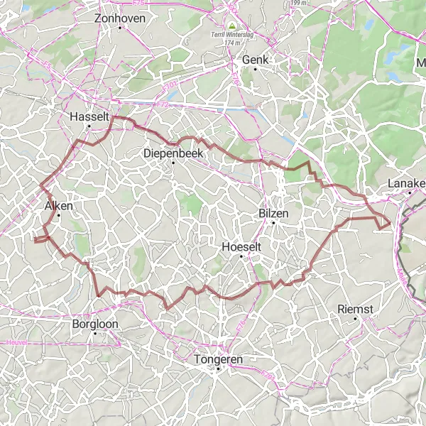 Map miniature of "Exploring Nature on Gravel" cycling inspiration in Prov. Limburg (BE), Belgium. Generated by Tarmacs.app cycling route planner