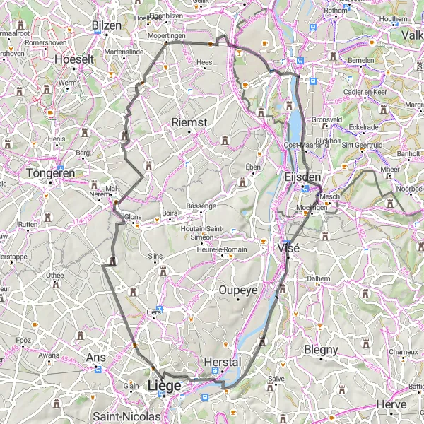 Miniature de la carte de l'inspiration cycliste "Les Chemins de la Meuse et des Collines" dans la Prov. Limburg (BE), Belgium. Générée par le planificateur d'itinéraire cycliste Tarmacs.app