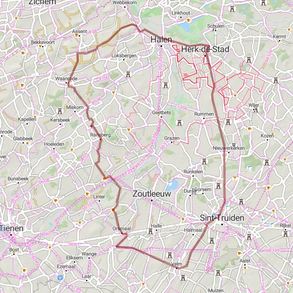 Map miniature of "Velm to Panoramabassin via Orsmaal" cycling inspiration in Prov. Limburg (BE), Belgium. Generated by Tarmacs.app cycling route planner