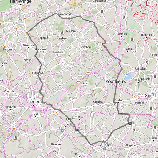 Miniature de la carte de l'inspiration cycliste "Le Tour des Villages de Hageland" dans la Prov. Limburg (BE), Belgium. Générée par le planificateur d'itinéraire cycliste Tarmacs.app