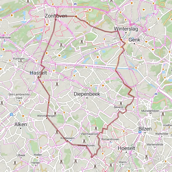 Karten-Miniaturansicht der Radinspiration "Gravel Abenteuer durch die Natur" in Prov. Limburg (BE), Belgium. Erstellt vom Tarmacs.app-Routenplaner für Radtouren