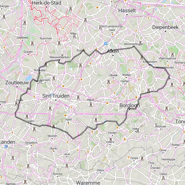 Miniatuurkaart van de fietsinspiratie "Rondrit via Velm en Wimmertingen" in Prov. Limburg (BE), Belgium. Gemaakt door de Tarmacs.app fietsrouteplanner