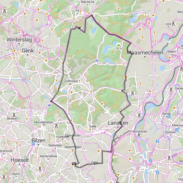 Miniature de la carte de l'inspiration cycliste "Parcours pittoresque à travers Limburg" dans la Prov. Limburg (BE), Belgium. Générée par le planificateur d'itinéraire cycliste Tarmacs.app