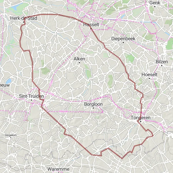 Miniature de la carte de l'inspiration cycliste "Les villages cachés de Limbourg" dans la Prov. Limburg (BE), Belgium. Générée par le planificateur d'itinéraire cycliste Tarmacs.app