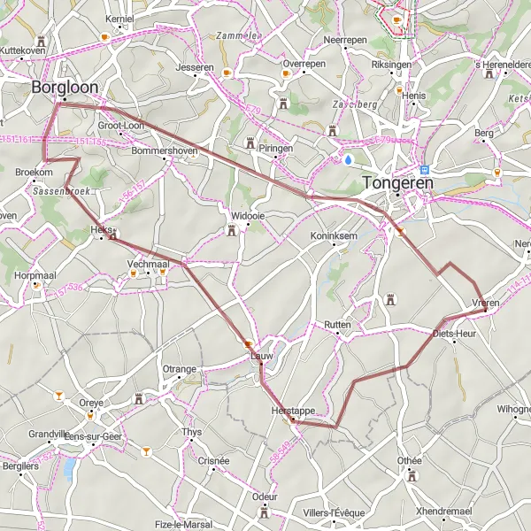 Map miniature of "Scenic Gravel Loop around Tongeren" cycling inspiration in Prov. Limburg (BE), Belgium. Generated by Tarmacs.app cycling route planner