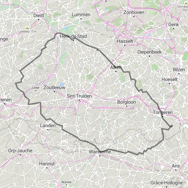 Map miniature of "Road Cycling Journey to Halen through Gingelom" cycling inspiration in Prov. Limburg (BE), Belgium. Generated by Tarmacs.app cycling route planner