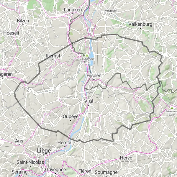 Karten-Miniaturansicht der Radinspiration "Radtour von Riemst nach Juprelle" in Prov. Limburg (BE), Belgium. Erstellt vom Tarmacs.app-Routenplaner für Radtouren