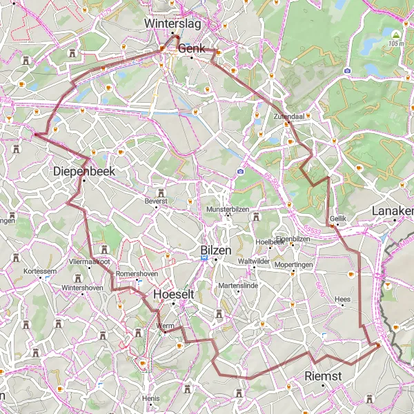 Map miniature of "Challenging Gravel Routes near Vroenhoven" cycling inspiration in Prov. Limburg (BE), Belgium. Generated by Tarmacs.app cycling route planner