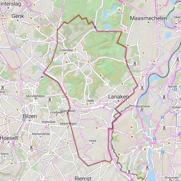 Karten-Miniaturansicht der Radinspiration "Bemerkenswerte Route um Vroenhoven (Prov. Limburg, Belgien) - Schotterstrecke" in Prov. Limburg (BE), Belgium. Erstellt vom Tarmacs.app-Routenplaner für Radtouren