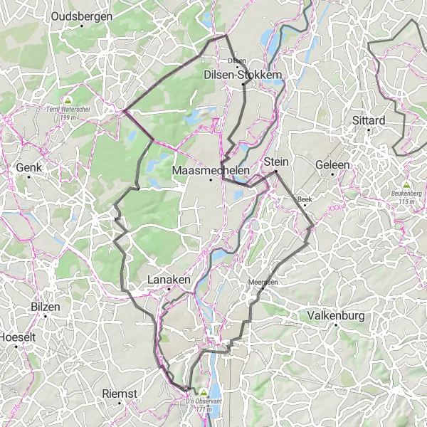 Map miniature of "Adventurous Road Cycling Routes near Vroenhoven" cycling inspiration in Prov. Limburg (BE), Belgium. Generated by Tarmacs.app cycling route planner