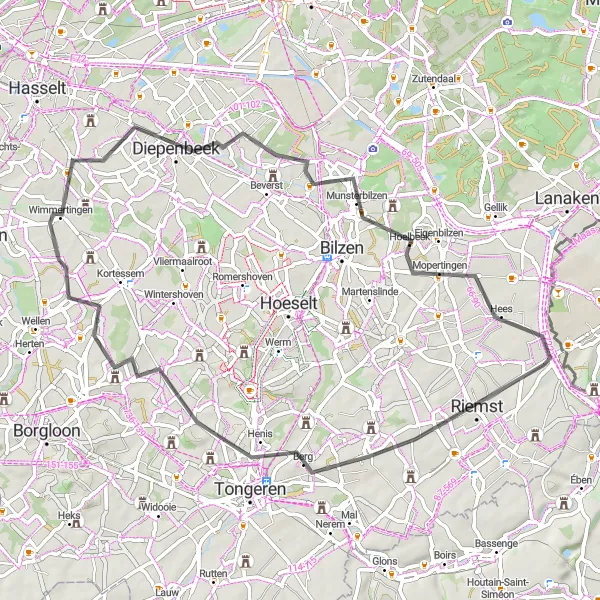 Map miniature of "The Exploration Ride" cycling inspiration in Prov. Limburg (BE), Belgium. Generated by Tarmacs.app cycling route planner