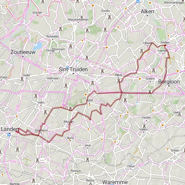 Miniatuurkaart van de fietsinspiratie "Gravelroute rond Wellen" in Prov. Limburg (BE), Belgium. Gemaakt door de Tarmacs.app fietsrouteplanner