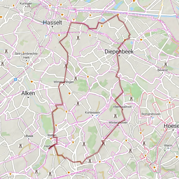Map miniature of "Wellen Gravel Route 3" cycling inspiration in Prov. Limburg (BE), Belgium. Generated by Tarmacs.app cycling route planner