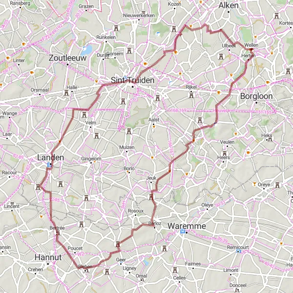 Miniatuurkaart van de fietsinspiratie "Gravelroute door Land van Zuyl en Sint-Truiden" in Prov. Limburg (BE), Belgium. Gemaakt door de Tarmacs.app fietsrouteplanner