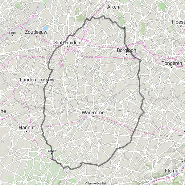 Map miniature of "Grand Tour of Gingelom" cycling inspiration in Prov. Limburg (BE), Belgium. Generated by Tarmacs.app cycling route planner