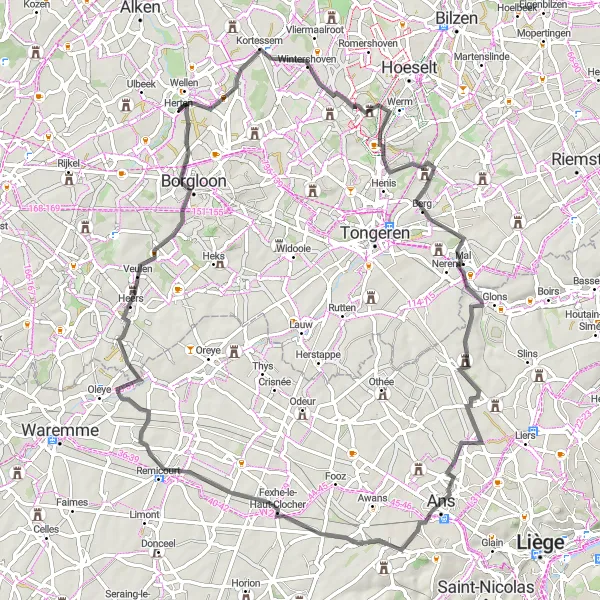 Map miniature of "Challenging Hills and Castles" cycling inspiration in Prov. Limburg (BE), Belgium. Generated by Tarmacs.app cycling route planner
