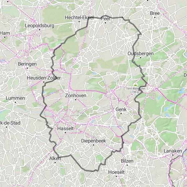 Karten-Miniaturansicht der Radinspiration "Historische Route durch Limburg" in Prov. Limburg (BE), Belgium. Erstellt vom Tarmacs.app-Routenplaner für Radtouren