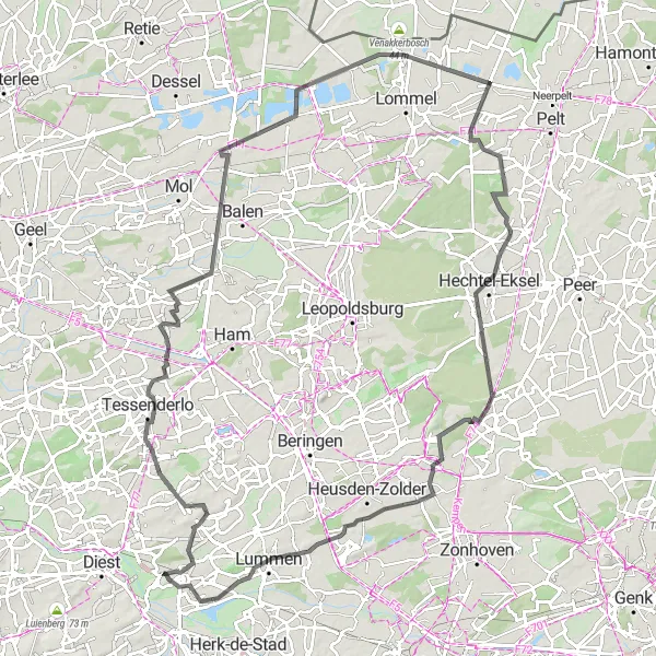 Miniature de la carte de l'inspiration cycliste "Parcours Route en direction de Zelem" dans la Prov. Limburg (BE), Belgium. Générée par le planificateur d'itinéraire cycliste Tarmacs.app