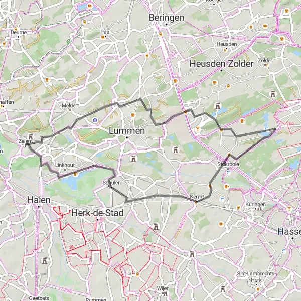 Miniature de la carte de l'inspiration cycliste "Parcours Route à proximité de Zelem" dans la Prov. Limburg (BE), Belgium. Générée par le planificateur d'itinéraire cycliste Tarmacs.app