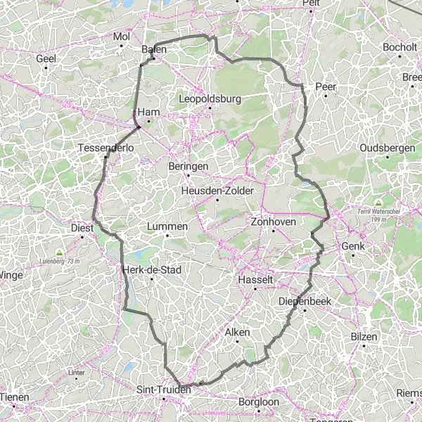 Map miniature of "The Scenic Adventure" cycling inspiration in Prov. Limburg (BE), Belgium. Generated by Tarmacs.app cycling route planner