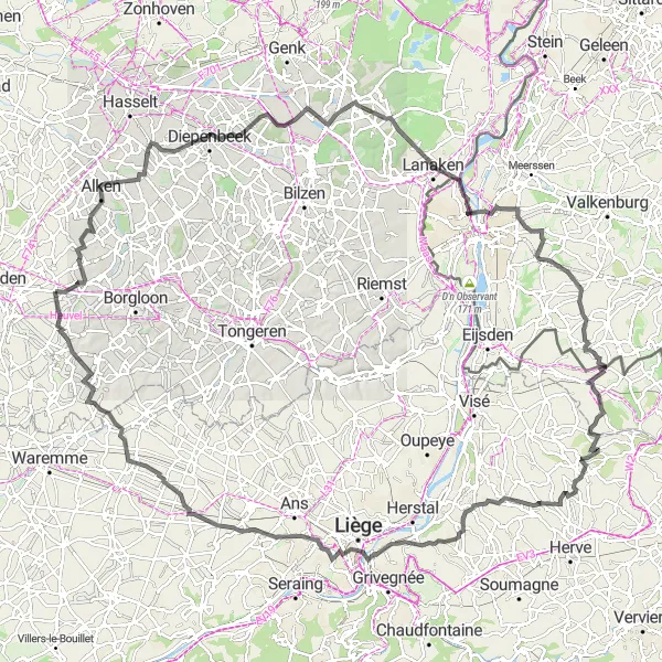 Miniatuurkaart van de fietsinspiratie "Wegrit door Voerstreek en Blegny" in Prov. Limburg (BE), Belgium. Gemaakt door de Tarmacs.app fietsrouteplanner