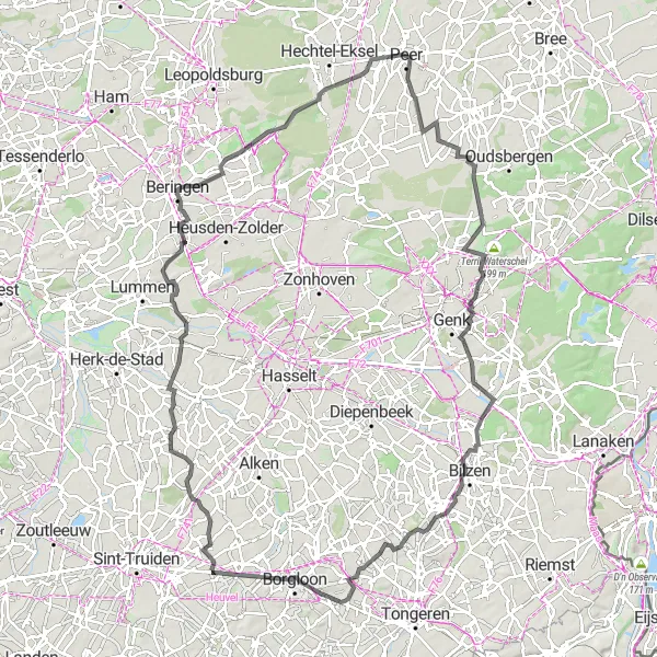 Map miniature of "The Land of Castles" cycling inspiration in Prov. Limburg (BE), Belgium. Generated by Tarmacs.app cycling route planner