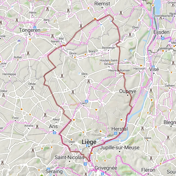 Map miniature of "Scenic Gravel Ride in Oupeye" cycling inspiration in Prov. Limburg (BE), Belgium. Generated by Tarmacs.app cycling route planner