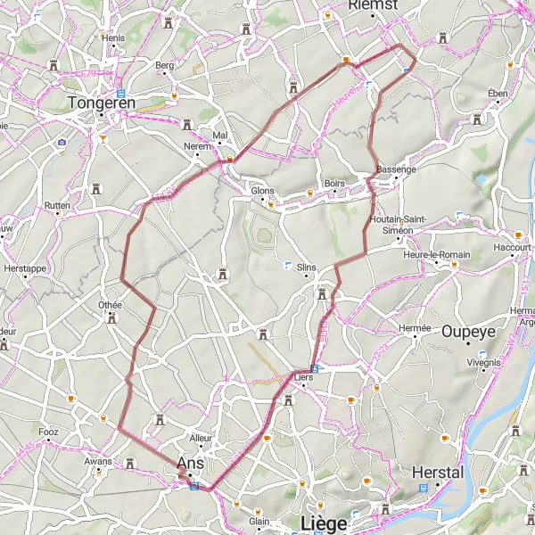 Karten-Miniaturansicht der Radinspiration "Roclenge-sur-Geer und Sluizen Gravel Tour" in Prov. Limburg (BE), Belgium. Erstellt vom Tarmacs.app-Routenplaner für Radtouren
