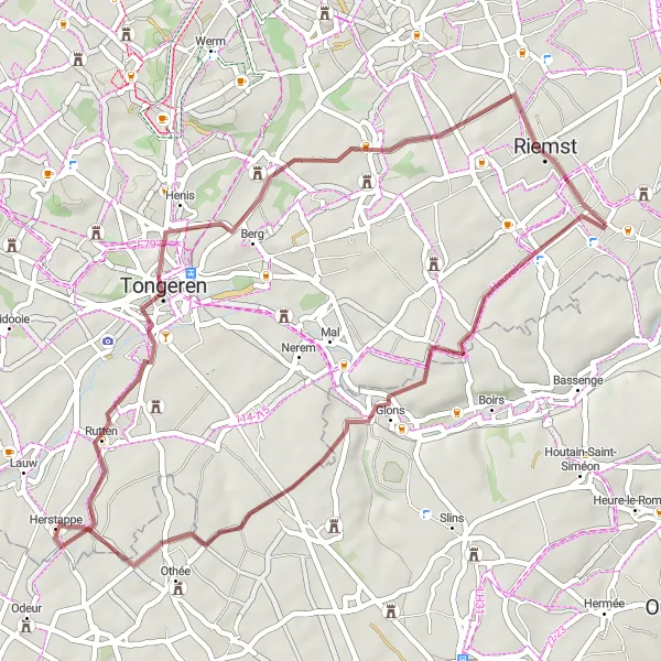 Map miniature of "Hidden Delights of Riemst and Surroundings" cycling inspiration in Prov. Limburg (BE), Belgium. Generated by Tarmacs.app cycling route planner