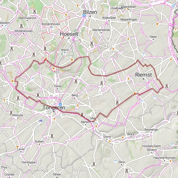 Map miniature of "Gravel Adventure through Tongeren" cycling inspiration in Prov. Limburg (BE), Belgium. Generated by Tarmacs.app cycling route planner