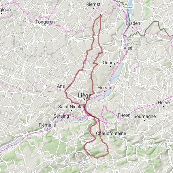 Karten-Miniaturansicht der Radinspiration "Roclenge-sur-Geer und Terril du Bernalmont Gravel Tour" in Prov. Limburg (BE), Belgium. Erstellt vom Tarmacs.app-Routenplaner für Radtouren
