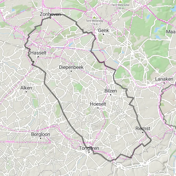 Map miniature of "Classic Road Cycling Route in Zonhoven" cycling inspiration in Prov. Limburg (BE), Belgium. Generated by Tarmacs.app cycling route planner