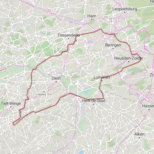 Miniature de la carte de l'inspiration cycliste "Tour de la Mine de Zolder" dans la Prov. Limburg (BE), Belgium. Générée par le planificateur d'itinéraire cycliste Tarmacs.app