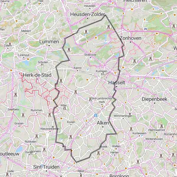 Miniature de la carte de l'inspiration cycliste "Expérience Cycliste Autour de Hasselt" dans la Prov. Limburg (BE), Belgium. Générée par le planificateur d'itinéraire cycliste Tarmacs.app