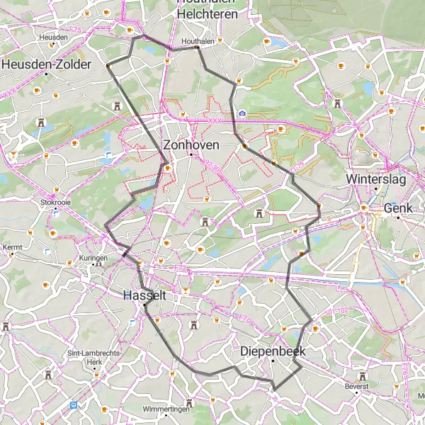 Karten-Miniaturansicht der Radinspiration "Historische Straßen und Sehenswürdigkeiten" in Prov. Limburg (BE), Belgium. Erstellt vom Tarmacs.app-Routenplaner für Radtouren