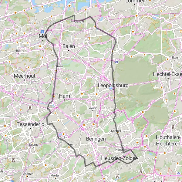 Map miniature of "Heusden-Zolder Loop" cycling inspiration in Prov. Limburg (BE), Belgium. Generated by Tarmacs.app cycling route planner