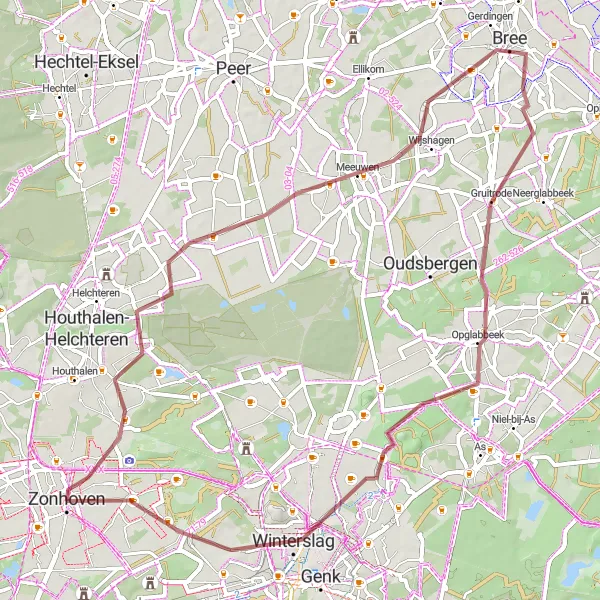 Map miniature of "Gravel Route to De Holsteen" cycling inspiration in Prov. Limburg (BE), Belgium. Generated by Tarmacs.app cycling route planner