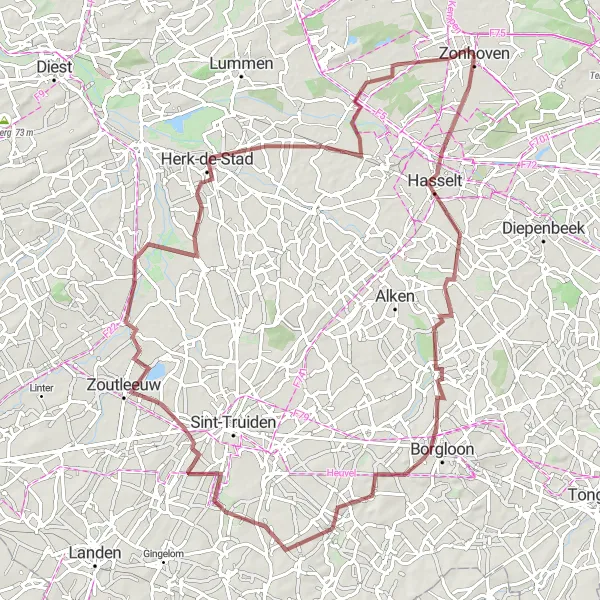 Map miniature of "Gravel Route to Uitkijktoren Wijers Zonhoven" cycling inspiration in Prov. Limburg (BE), Belgium. Generated by Tarmacs.app cycling route planner
