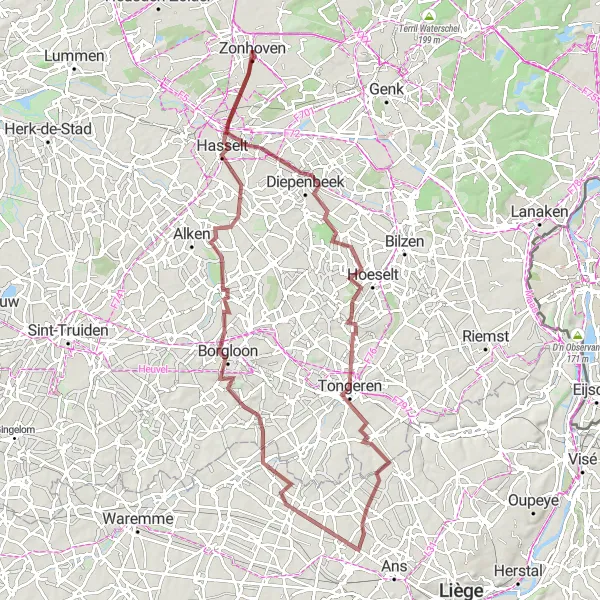 Map miniature of "Gravel Adventure through Eastern Limburg" cycling inspiration in Prov. Limburg (BE), Belgium. Generated by Tarmacs.app cycling route planner