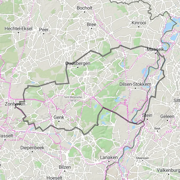 Map miniature of "The Maasmechelen Adventure" cycling inspiration in Prov. Limburg (BE), Belgium. Generated by Tarmacs.app cycling route planner