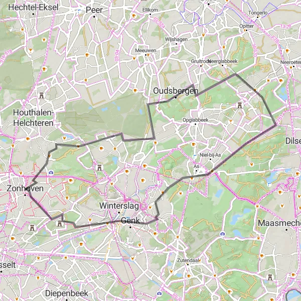 Map miniature of "The Zonhoven Teutheuvel" cycling inspiration in Prov. Limburg (BE), Belgium. Generated by Tarmacs.app cycling route planner