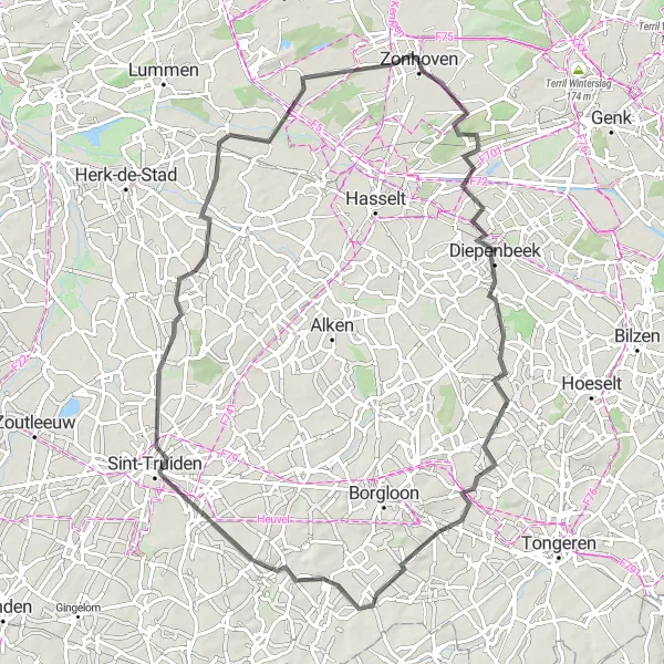 Map miniature of "Diepenbeek and Sint-Truiden Adventure" cycling inspiration in Prov. Limburg (BE), Belgium. Generated by Tarmacs.app cycling route planner
